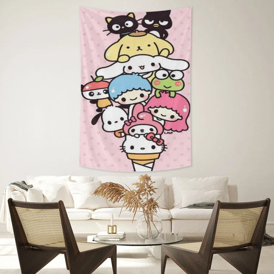 Cute Anime Sanrio Hello Kitty Kawaii Tapestries Room Decoration Items Home Décor Bedroom Wall Decorating Cloth