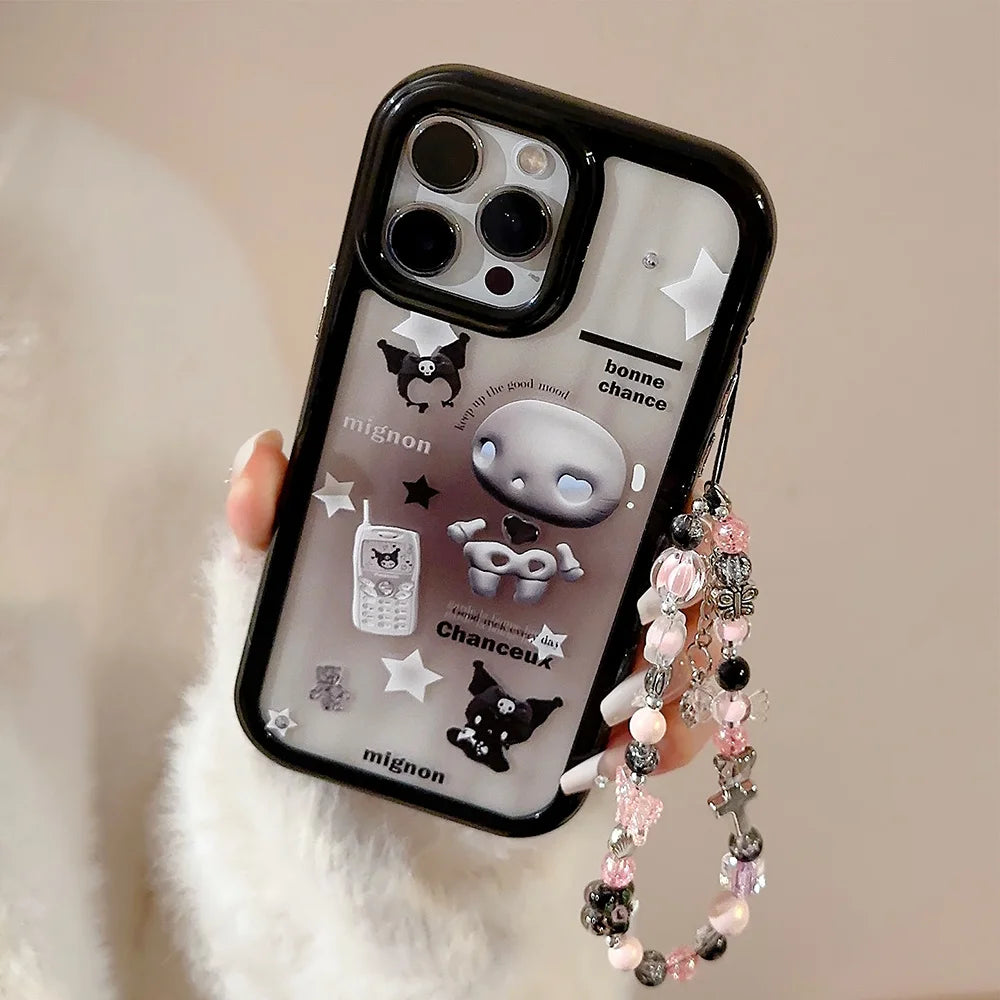 Cute Cartoon Anime Role Kulomi Bracket Phone Cases for IPhone 11 12 13 14 15 Pro Max Soft Anti-fall Protect Cover with Lanyard