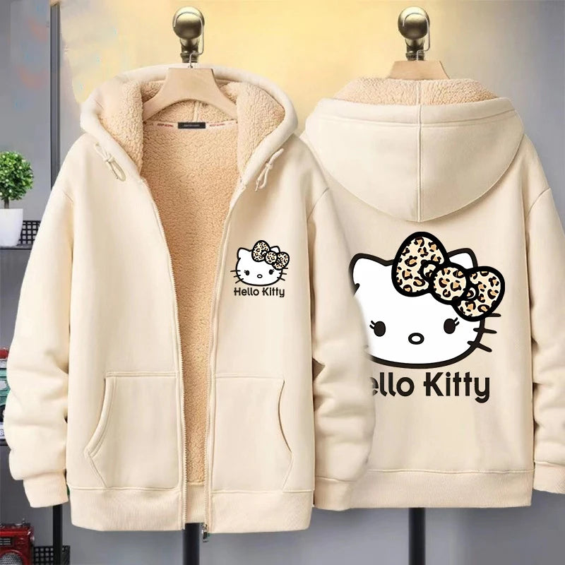 Hello Kitty Women's Zipper Hoodie Autumn and Winter New Cute Kawaii Pattern Sweatshirt Streetwear Girl Lady Clothing Coat