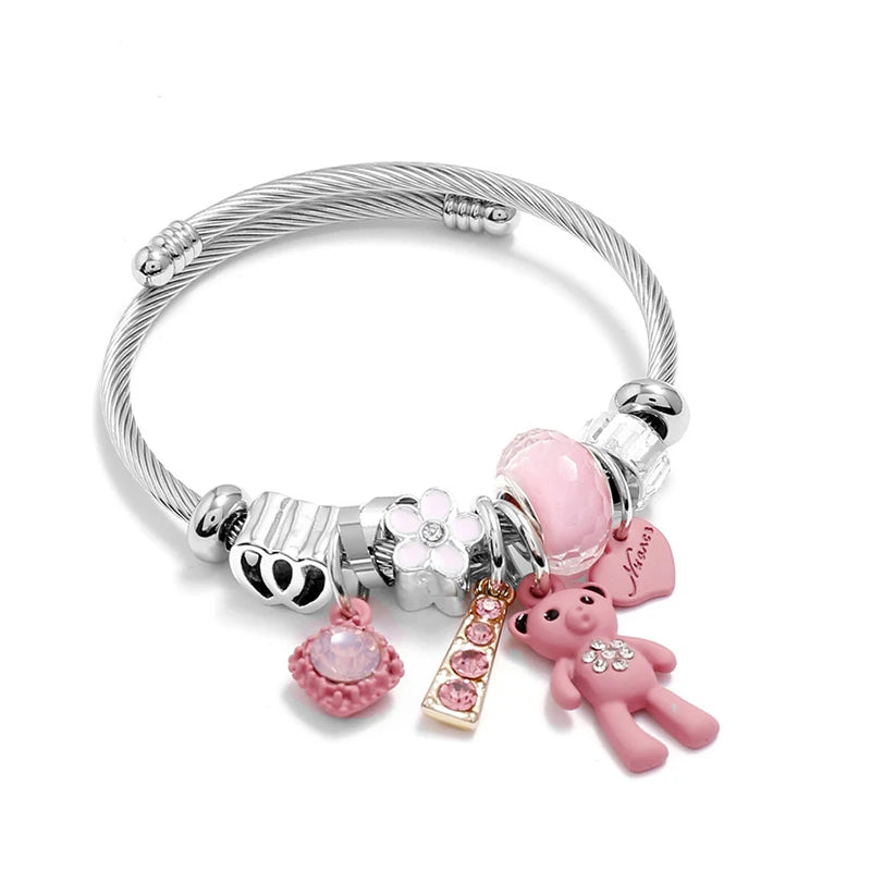 Fashion Bracelets & Bangles Stainless Steel DIY Jewelry Big Pink Bear Pendant Hearts Love Women's Bracelet Cuff Charms