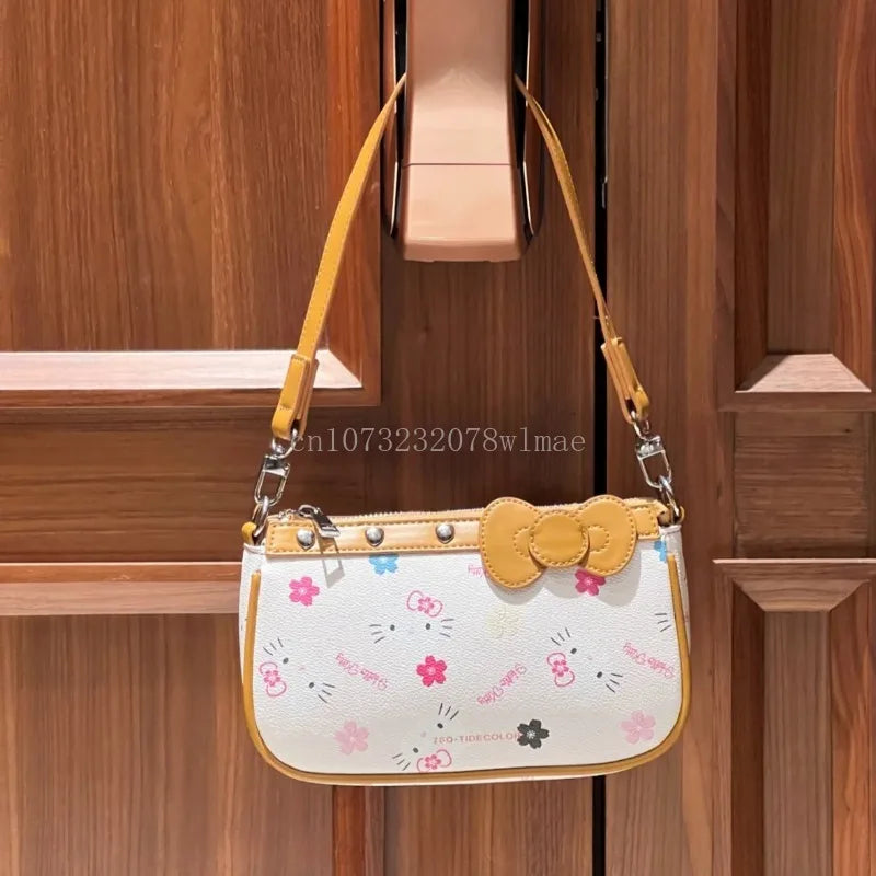 Japanese Y2k Hello Kitty Handbags Sweet Preppy Girls Underarm Bag Fashion Cartoon Bowknot Pu Lether Armpit Purse Chic Hobo Bag