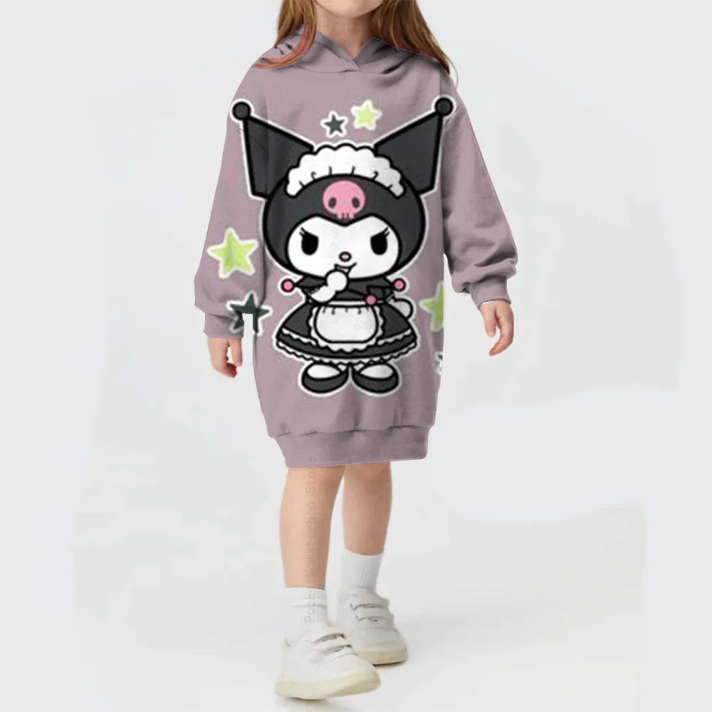 Winter Autumn Kids Girl Dress Hooded Children's Clothing Hello Kitty Kuromi print Loose Dress Long Sleeve Toddler Girl Outerwear