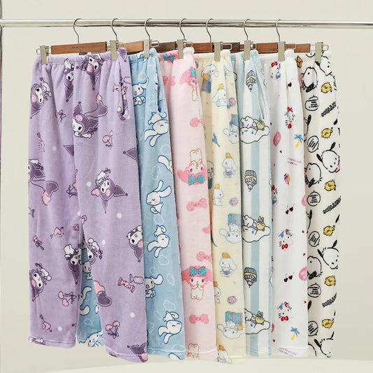 Miniso Hello Kitty Kuromi Sleeper Pants With Flannel Thick Fleece For Warmth Casual Cute Cartoon Pattern Girl Christmas Clothing