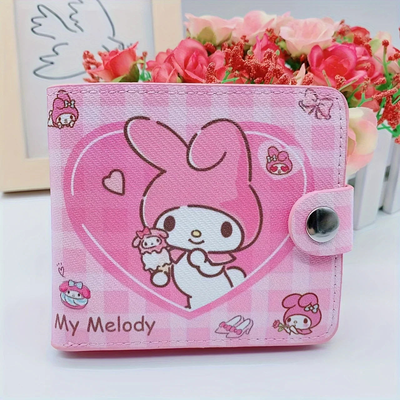 Kawaii Hello Kitty Cinnamoroll PU Casual Short 2 Fold Cartoon Purse Card Holder Wallet Cute Kuromi Button Card Bag Wallet