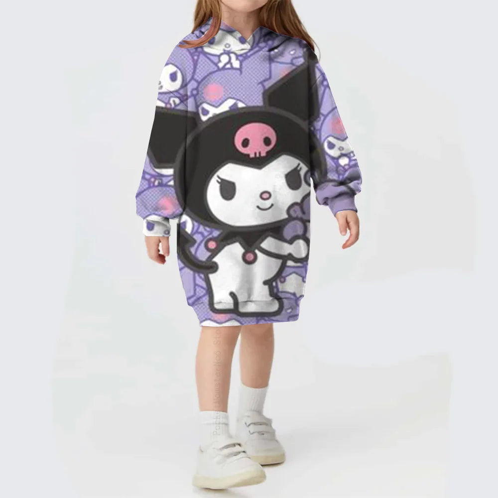 Autumn/winter Children's Hello Kitty Kuromi print Sweater Clothes Suit Hooded Solid Color Fashion Sweater Dress Comfortable