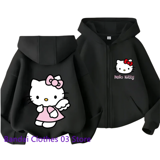 Cute Hello Kitty New Pin Zipper Hoodie Girls Sweatshirt Autumn/Winter Long Sleeve Jacket Harajuku Jumper Pin Casual Hoodie Top