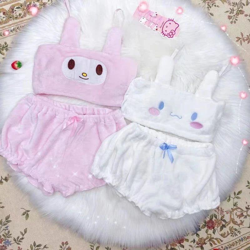 Kawaii Anime Kuromi Pajamas My Melody Pompom Purin Hello Kitty Winter Warm Plush Tube Top Priming Loungewear Suit Holiday Gifts