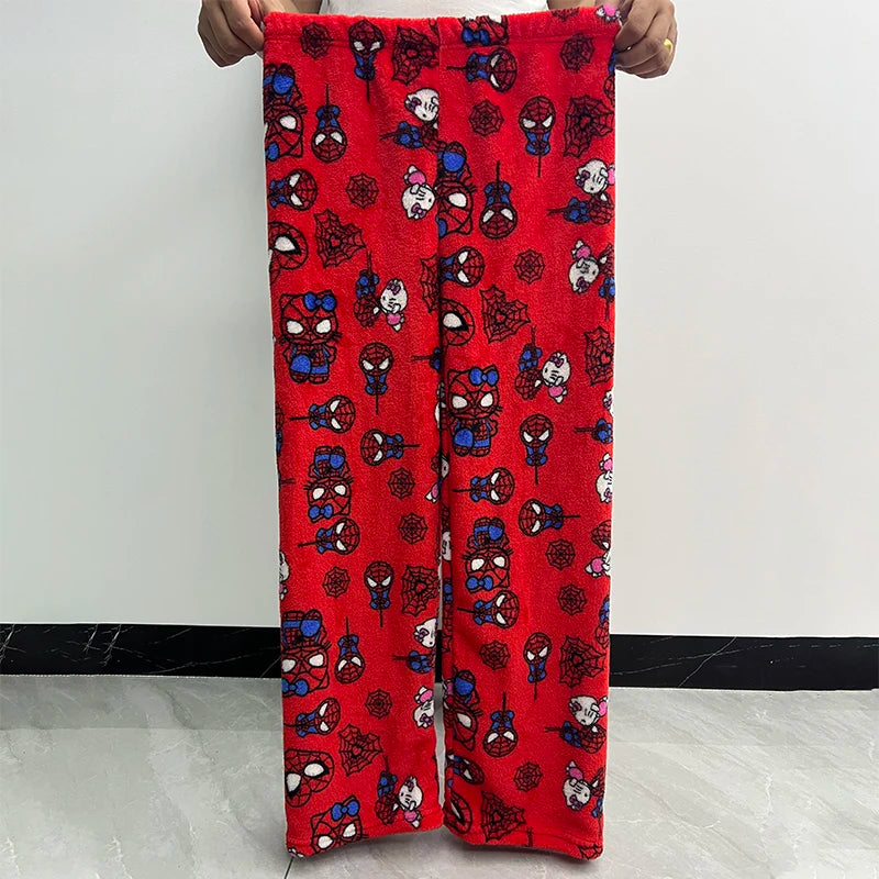 Hello Kitty Spider-man Cotton Velvet Loose Pajamas Pajamas Long Pants Women's And Men's Cartoon Sleeping Casual Wear