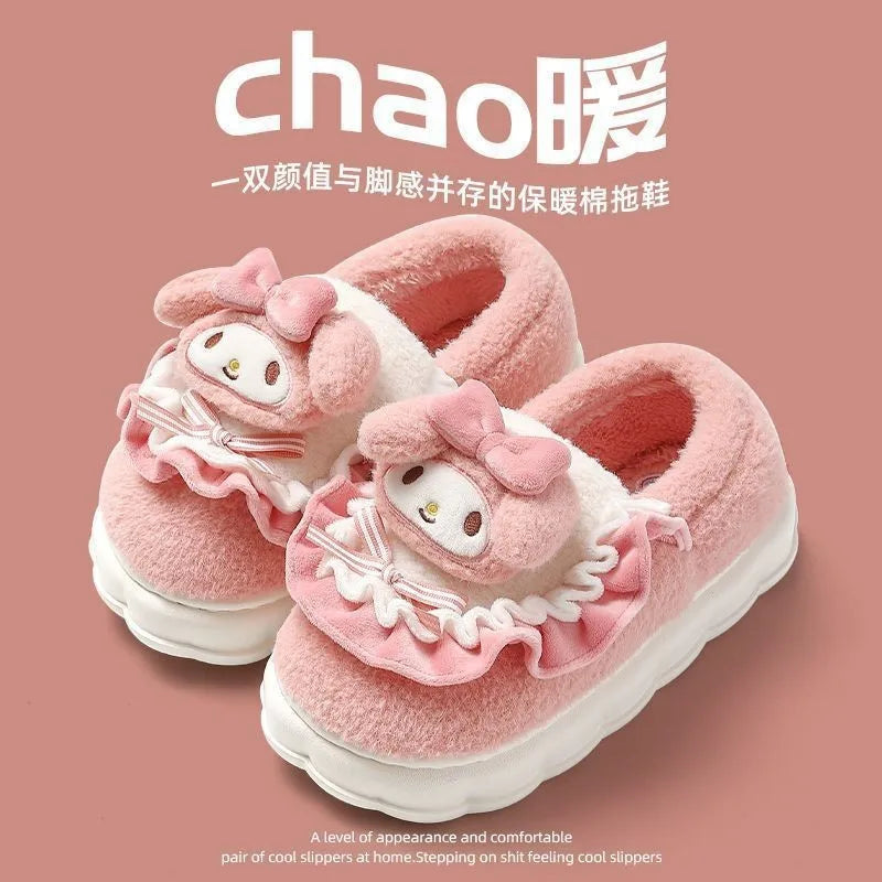 New Kuromi Hello Kitty Womens Slippers Sanrio My Melody Cinnamoroll Kawaii Cartoon Cute Indoor Outdoor Thick Sole Winter Slipper