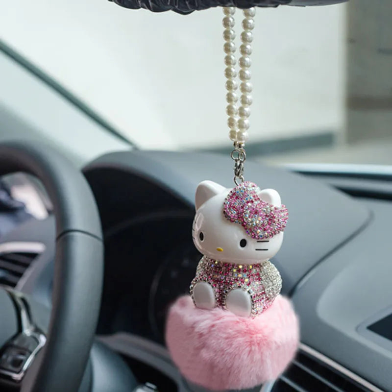 Kawaii Hello Kittys Plush Car Pendant Anime Kt Cat Hairball Diamond Ornaments Rear View Mirror Pendant Car Decor Accessories