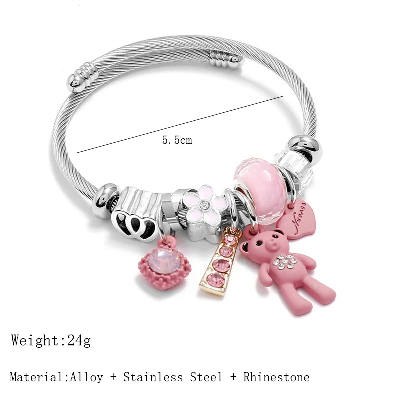 Fashion Bracelets & Bangles Stainless Steel DIY Jewelry Big Pink Bear Pendant Hearts Love Women's Bracelet Cuff Charms