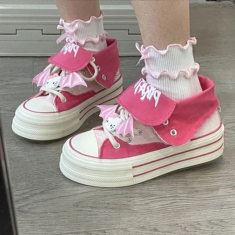 Hello Kitty High Top Canvas Skateboard Sneakers with Bat Wings Clips for Women Trendy New Thick Sole Lace-up Cute Board Shoes