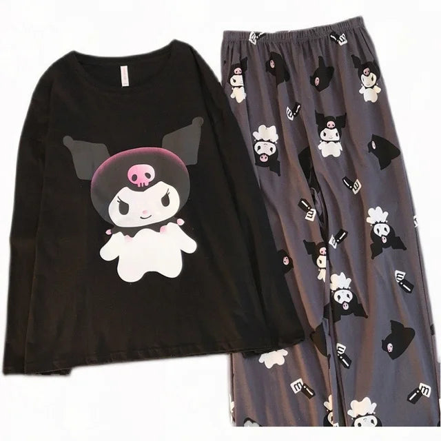 Kawaii Hello Kitty Cosplay Clothes Kuromi Korean Autumn Two Piece Pajamas Soft Home Wear Outgoing Girl