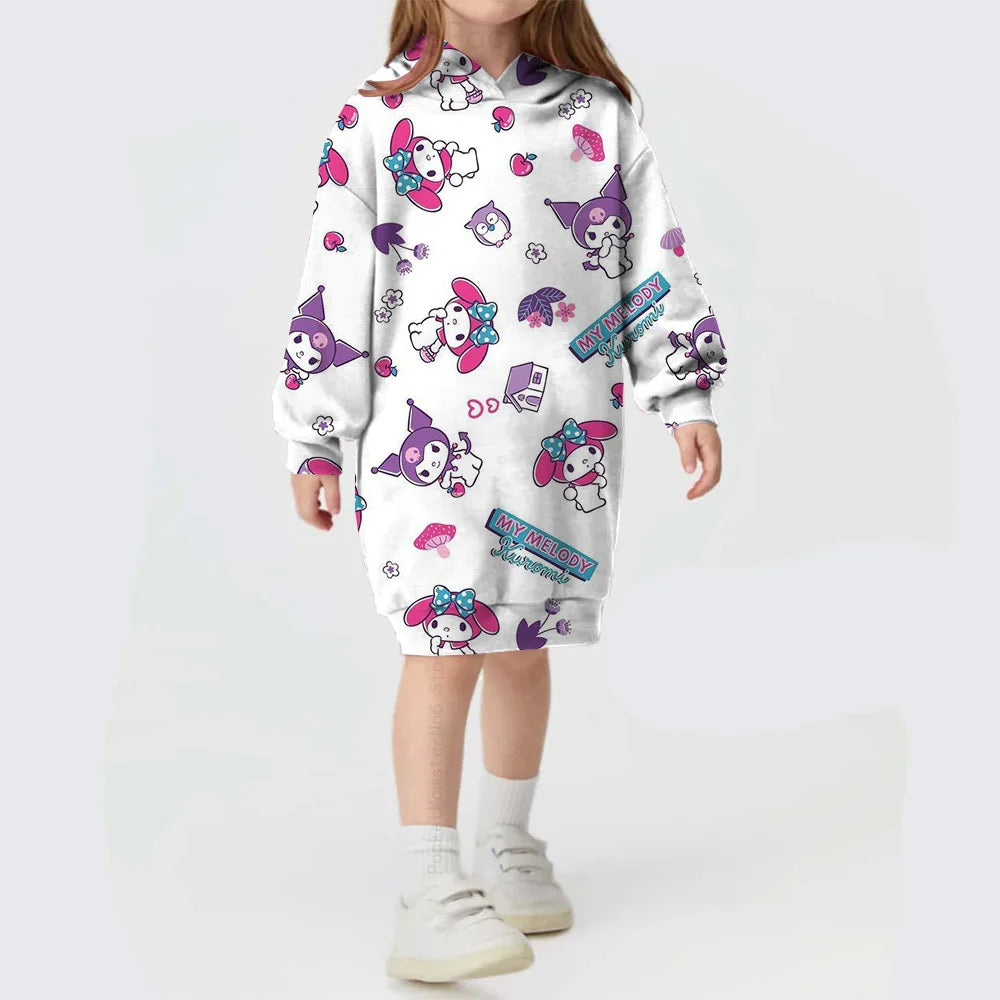 Autumn/winter Children's Hello Kitty Kuromi print Sweater Clothes Suit Hooded Solid Color Fashion Sweater Dress Comfortable