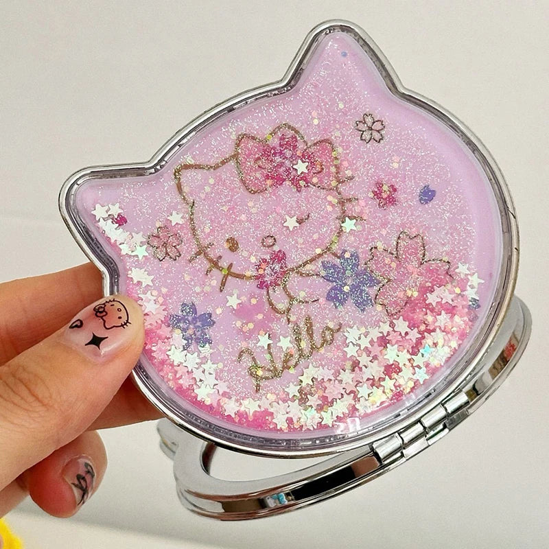 Kawaii Hello Kitty Double-Sided Makeup Mirror Portable Quicksand Sequins Cartoon Girl Gift Pocket Double-Sided Makeup Mirror