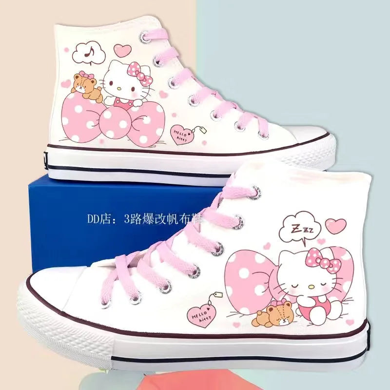 Kitty Lolita Shoes High Top Canvas Shoes for Women Hello Kitty Printed Student Casual Flat Sneakers 2024 New Women Shoes