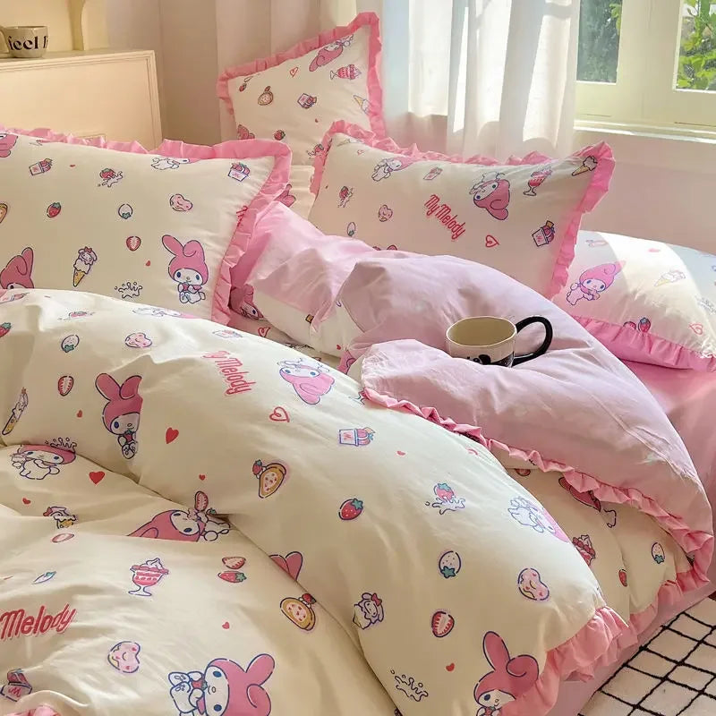 Hello Kitty Cinnamoroll My melody Kuromi new cute cartoon active printing pure cotton edge quilt cover bed sheet three-piece set