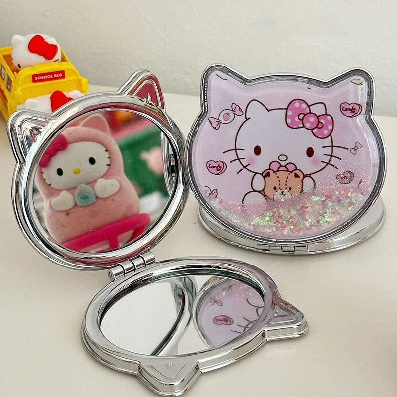 Kawaii Hello Kitty Double-Sided Makeup Mirror Portable Quicksand Sequins Cartoon Girl Gift Pocket Double-Sided Makeup Mirror