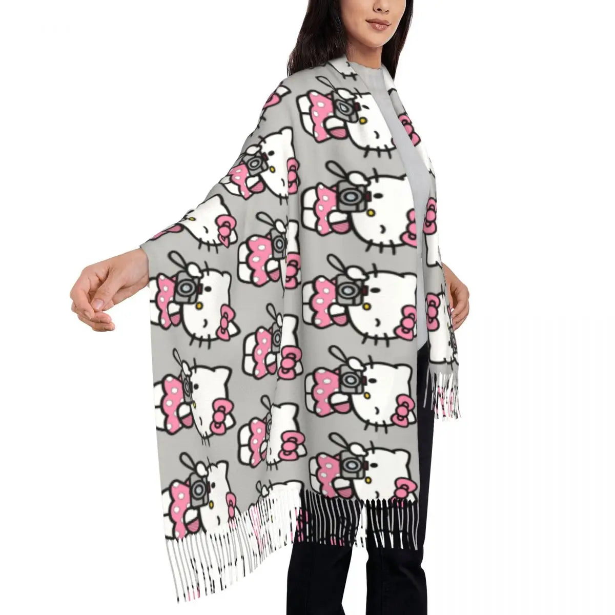 Custom Hello Kitty Scarf Wrap for Women Long Winter Warm Tassel Shawl Unisex Scarves