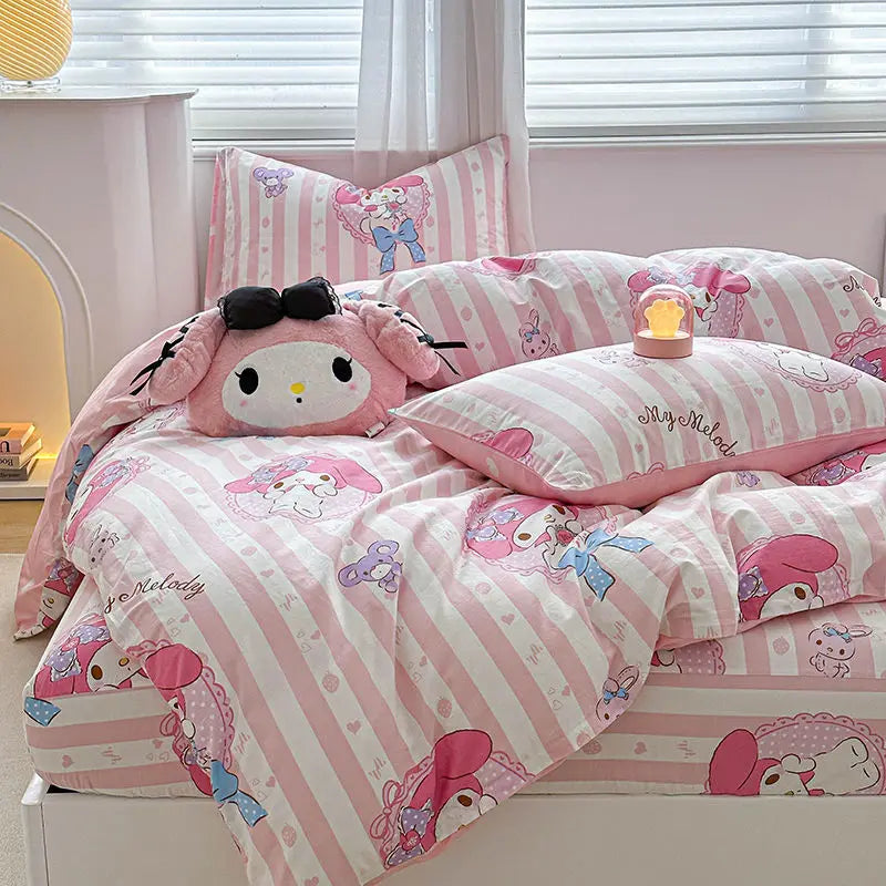 Kuromi Cinnamoroll My melody Hello Kitty Fashion Simple Cartoon Print Pure Cotton Bed Sheets and Quilt Covers Three Piece Set