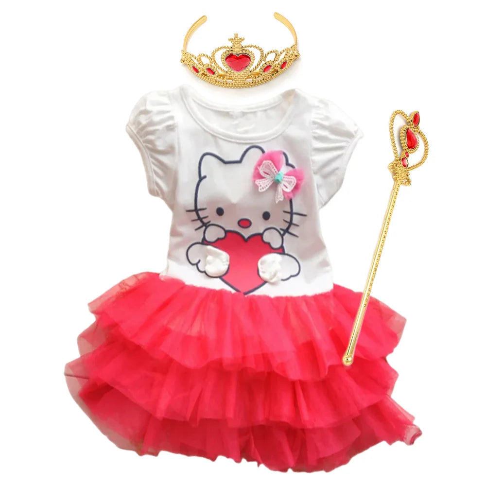 Children Clothing Hello Kitty Princess Dresses For Girls Summer Short Sleeved Mesh Dress Carnival Party Prom Gown Outfits