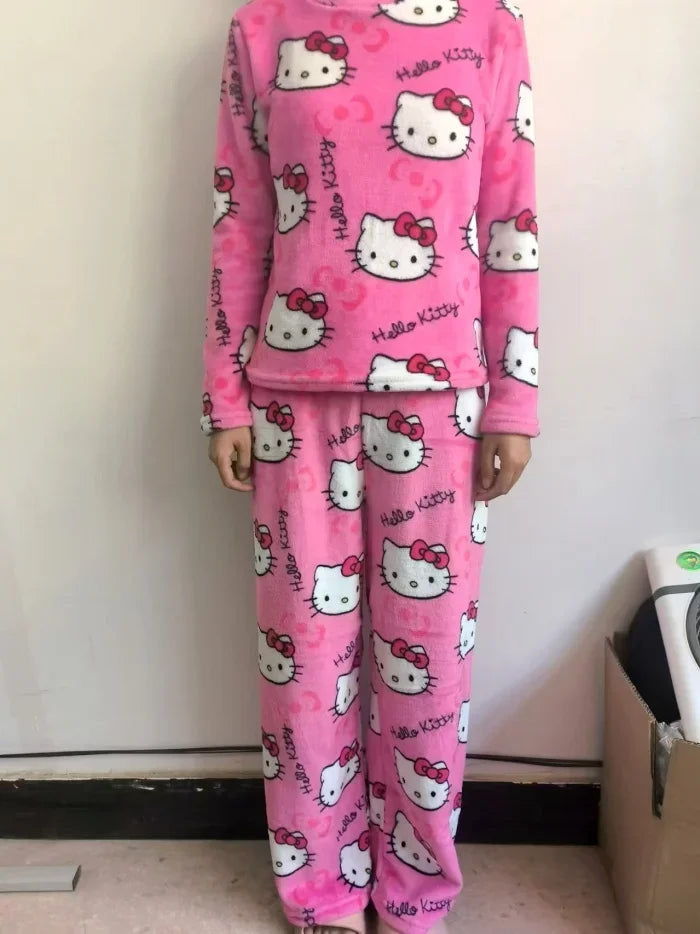 Hello Kitty Pajama Set Sanrio Pajama Pants Jacket Anime Fleece Double Elastic Fabric Soft Trousers Women Cartoon Birthday Gift