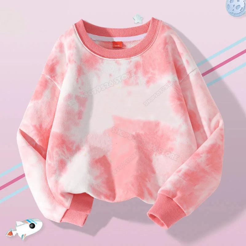 Hello Kitty Kuromi Cute Print Sweatshirts Girl Clothes Autumn Trend Tie Dyed Round Neck Pattern Children Pullover Long Sleeves