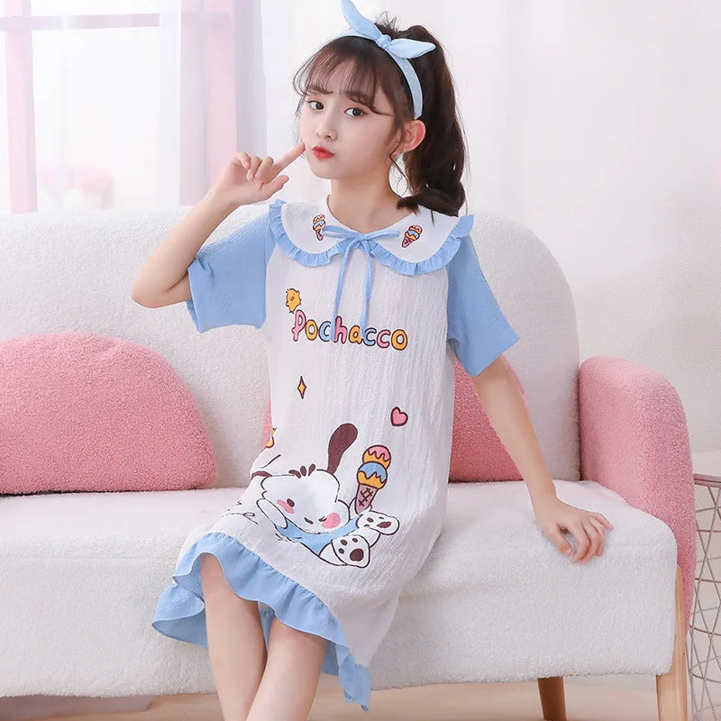 Girl's Summer Pajamas Hello Kitty Kuromi Children's Dress Pochacco Anime Cartoon House Clothing Short Sleeved Cute Skirt