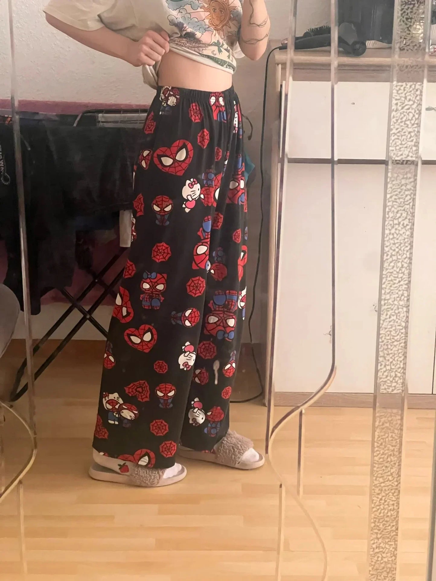 Hello Kitty Spider-Man anime pajama Pants Y2K cartoon loose slacks Family clothing Couple pants Girl gift