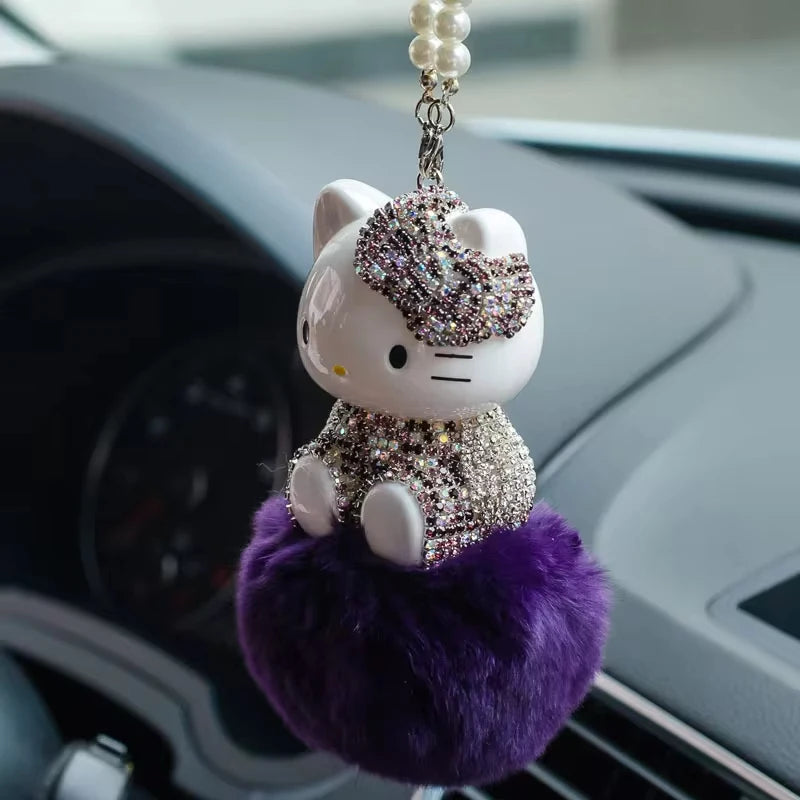 Kawaii Hello Kittys Plush Car Pendant Anime Kt Cat Hairball Diamond Ornaments Rear View Mirror Pendant Car Decor Accessories