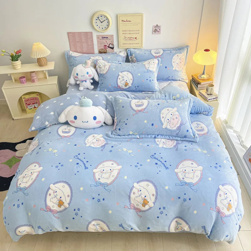 Double Sided Velvet Bedding Set Melody Kuromi Hello Kitty Winter Flannel Single Double Queen King Quilt Cover Bed Sheet