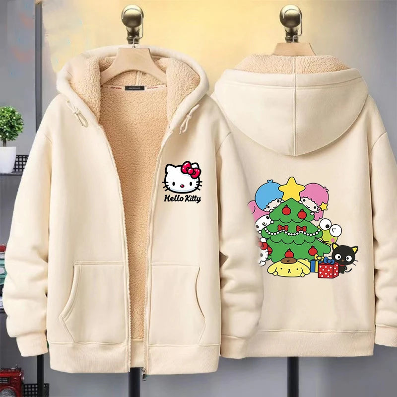 Hello Kitty Women's Zipper Hoodie Autumn and Winter New Cute Kawaii Pattern Sweatshirt Streetwear Girl Lady Clothing Coat