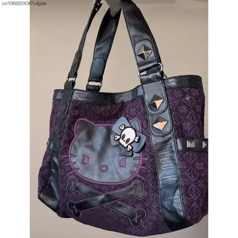 Hello Kitty Vintage Patchwork Purple Armpit Bag Subculture Y2K Sweet Spicy Girl Handbag Gothic Trendy Versatile Tote Bag