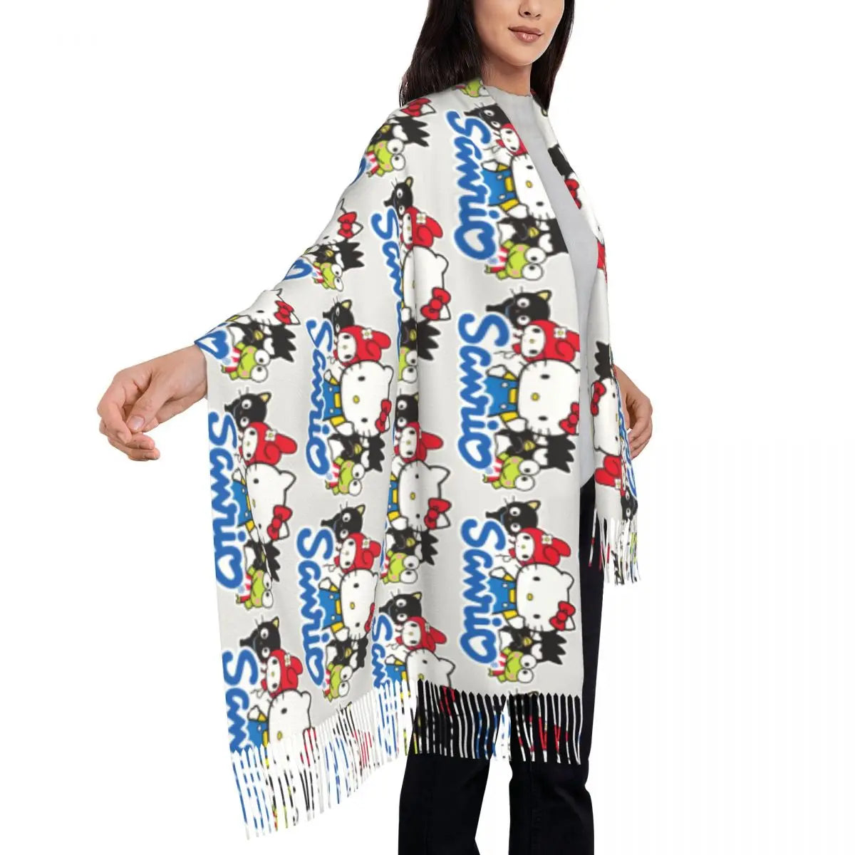 Custom Female Long Kitty White Hello Kitty Scarves Women Winter Soft Warm Tassel Shawl Wrap Scarf