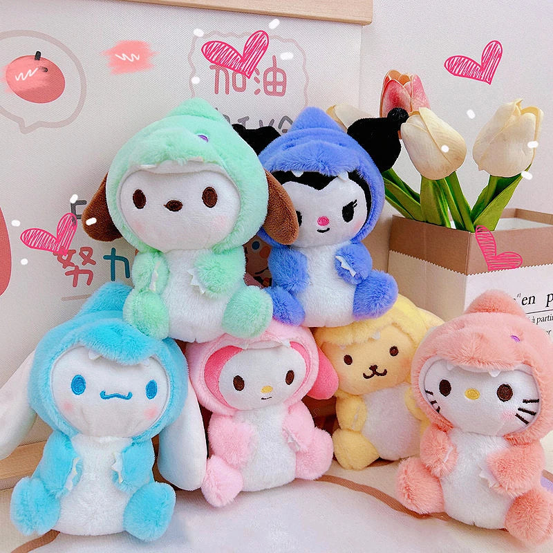 Kawaii Plush Keychain Hello Kitty Cinnamoroll My Melody Kuromi Small Dinosaur Series 12Cm Toys Backpack Accessories Gifts