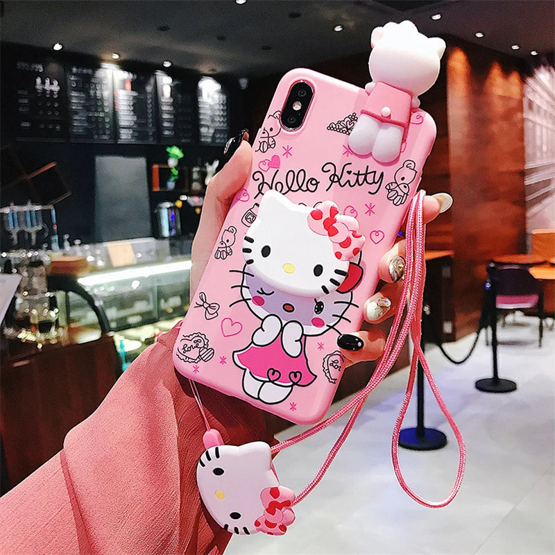 3D Hello Kitty Phone Holder Cartoon Case For iPhone 16 15 14 Plus 13 12 11 Pro Max Mini Toy With Strap Rope Lanyard Cover