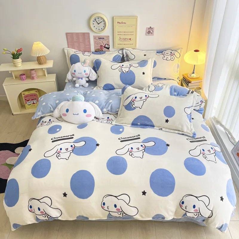 Double Sided Velvet Bedding Set Melody Kuromi Hello Kitty Winter Flannel Single Double Queen King Quilt Cover Bed Sheet