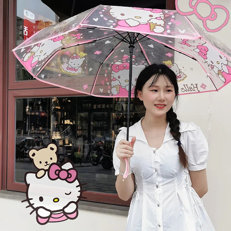 Anime Hello Kitty Umbrella Manual Automatic Cartoon Folding Umbrella Portable Transparent Student Umbrella Girl Gifts