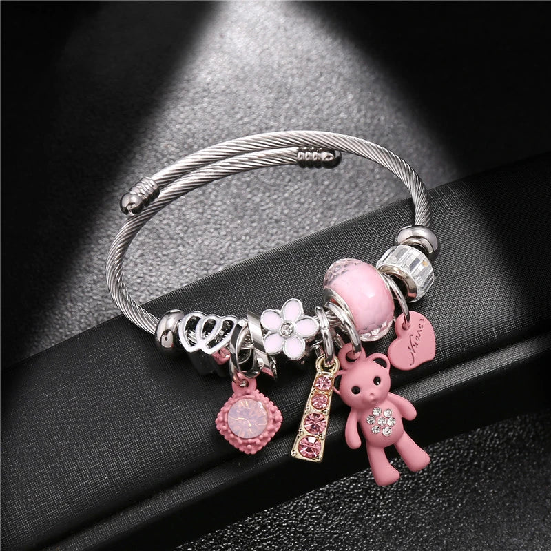 Fashion Bracelets & Bangles Stainless Steel DIY Jewelry Big Pink Bear Pendant Hearts Love Women's Bracelet Cuff Charms