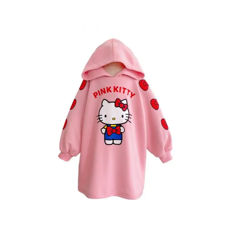 Hello Kittys Girl Hooded Sweatshirt Dress Anime Kawaii Cartoon Long Sleeves Autumn Winter Sportswear Child Clothing