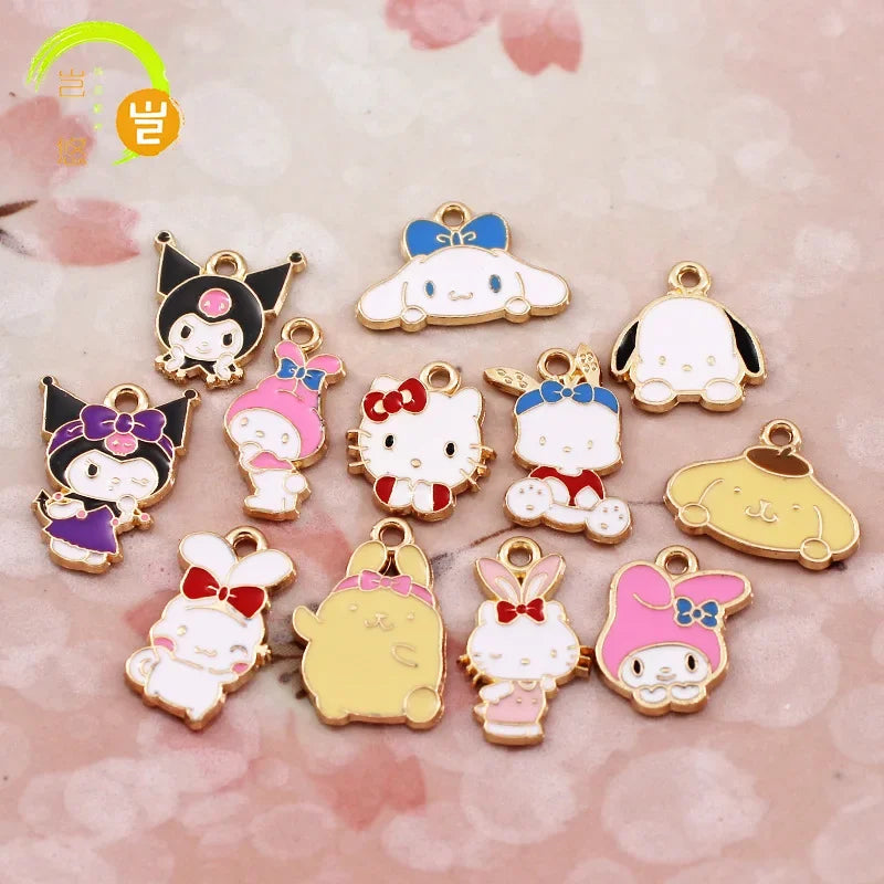 10PCS Accessories Korean Cartoon Kawaii Hello Kitty Kuromi Mymelody Diy Handmade Jewelry Cute Alloy Drip Oil Pendant