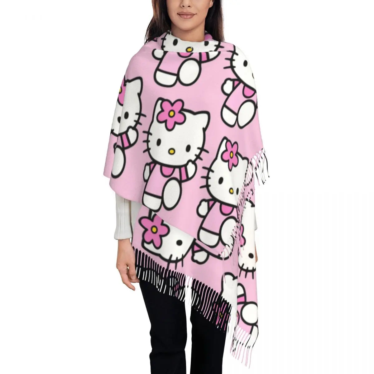 Custom Female Long Kitty White Hello Kitty Scarves Women Winter Soft Warm Tassel Shawl Wrap Scarf