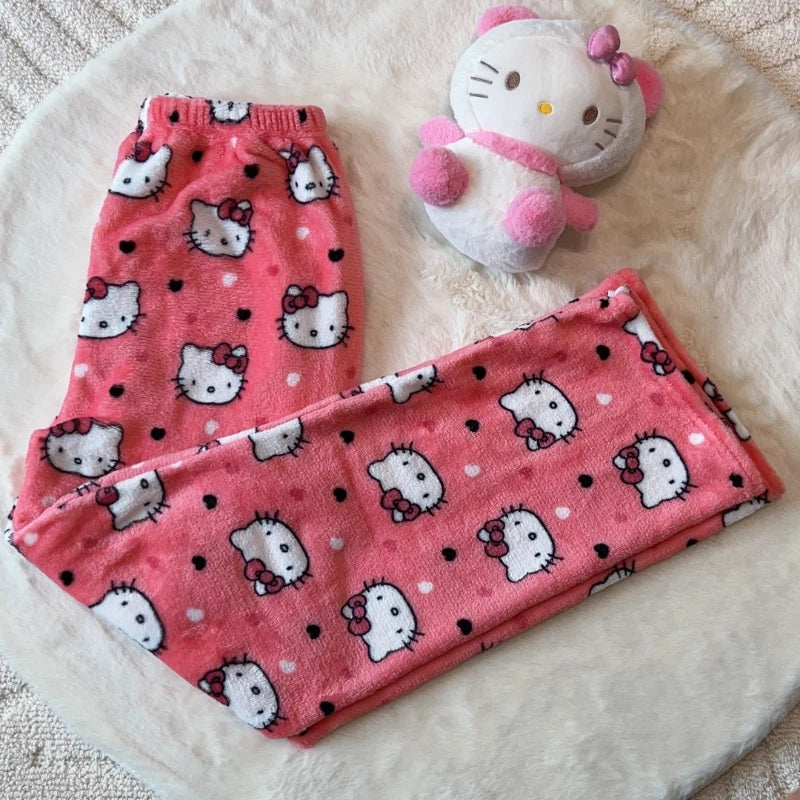 Sanrio Hello Kitty Pajamas Pants Y2K Flannel Women Nightmare Before Christmas Women Casual Plush Pants Autumn Girl Trousers Gift