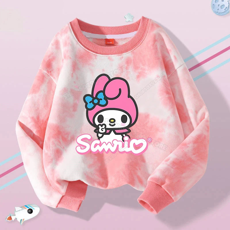 Hello Kitty Kuromi Cute Print Sweatshirts Girl Clothes Autumn Trend Tie Dyed Round Neck Pattern Children Pullover Long Sleeves