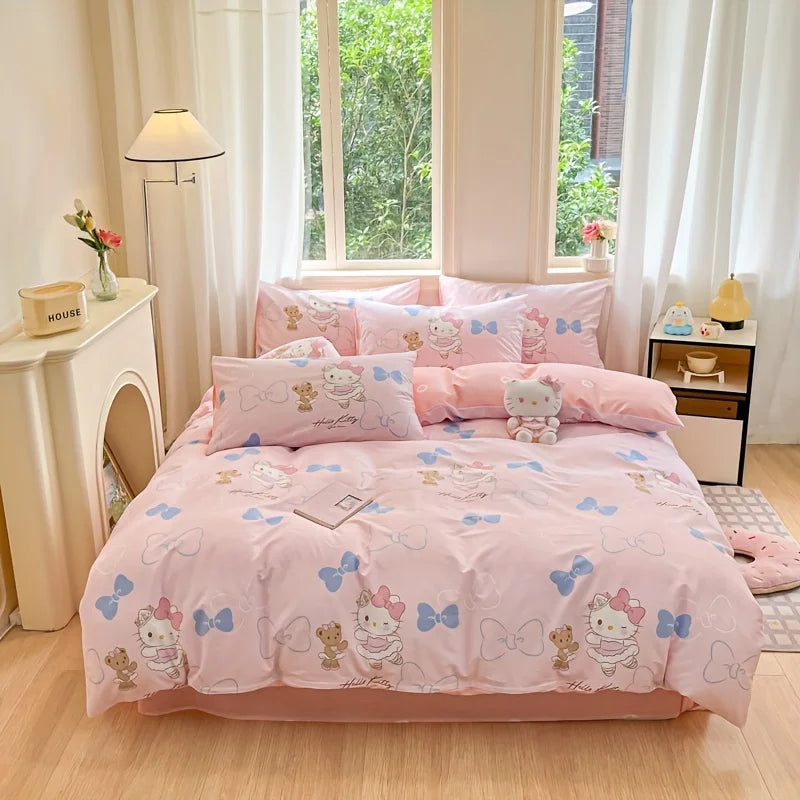 Hello Kitty Pink Girl Duvet Cover Cartoon Anime Bedding Set for Bedroom Decoration Best Gifts for Women Teens Queen King Size