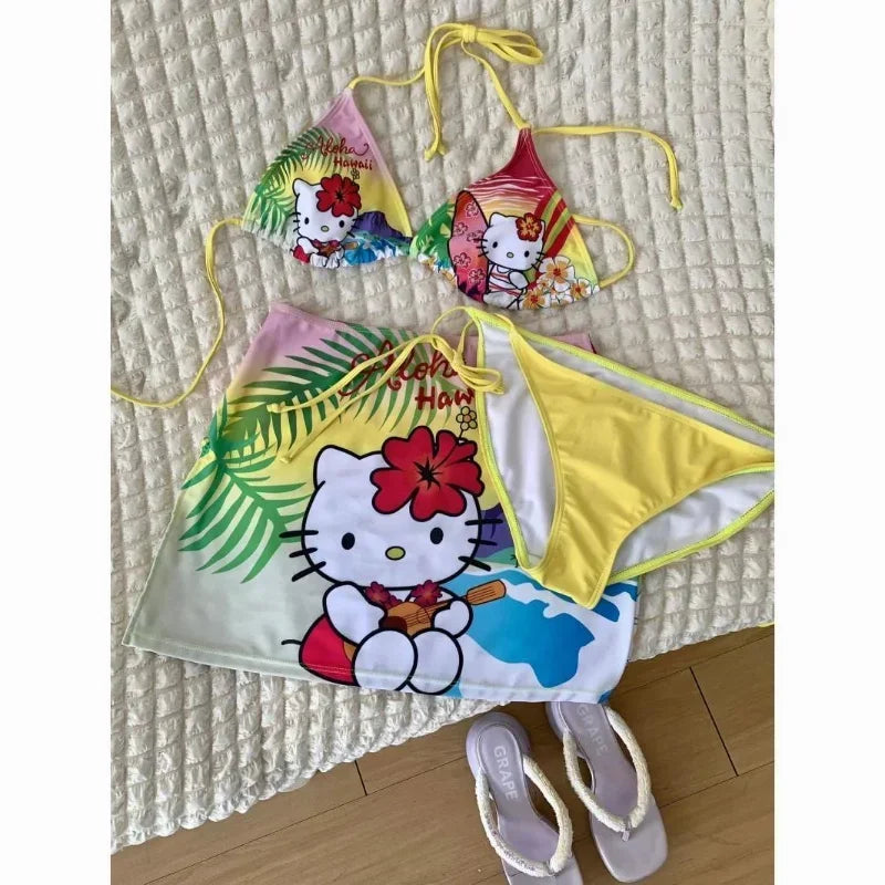 Hello Kitty Hawaii split swimsuit suit for women in summer kawaii hot girl small breasts push up bikini beach wear surfing suit