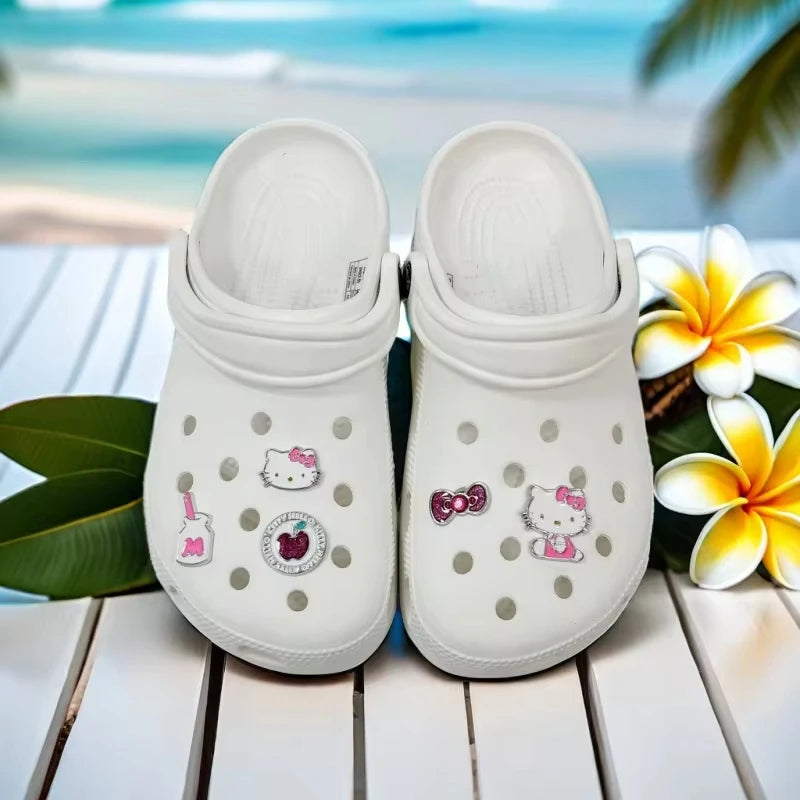 New Kawaii Hello Kitty Shoe Charms metal DIY Sandals for Kids Gifts Pink hole shoes flower accessories Hot selling