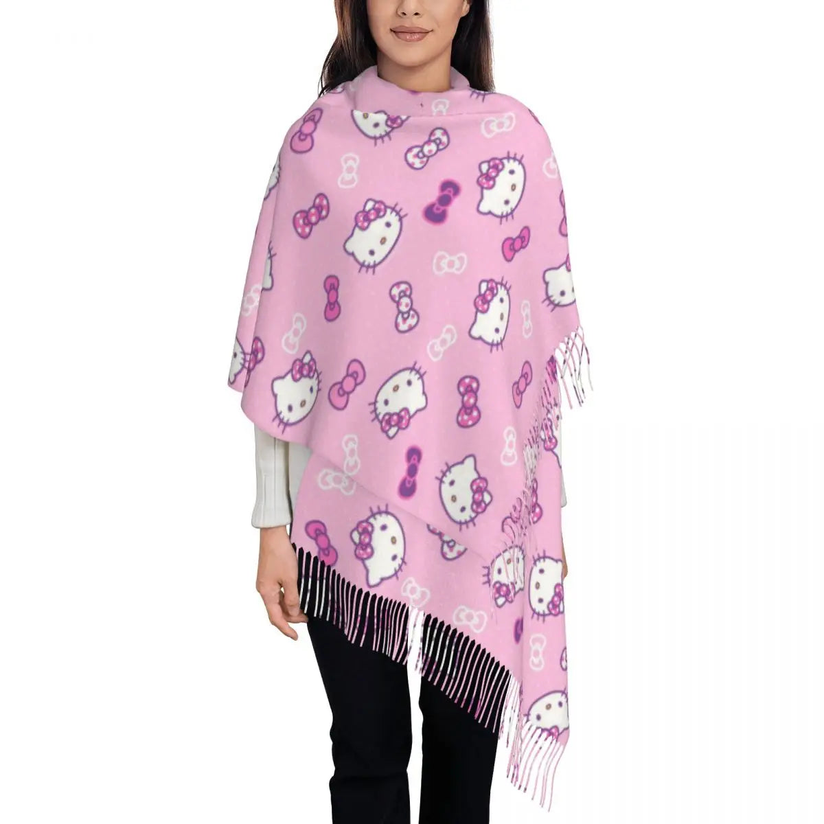 Customized Lady Long Hello Kitty Pattern Scarves Women Winter Fall Thick Warm Tassel Shawl Wraps Sanrio Scarf