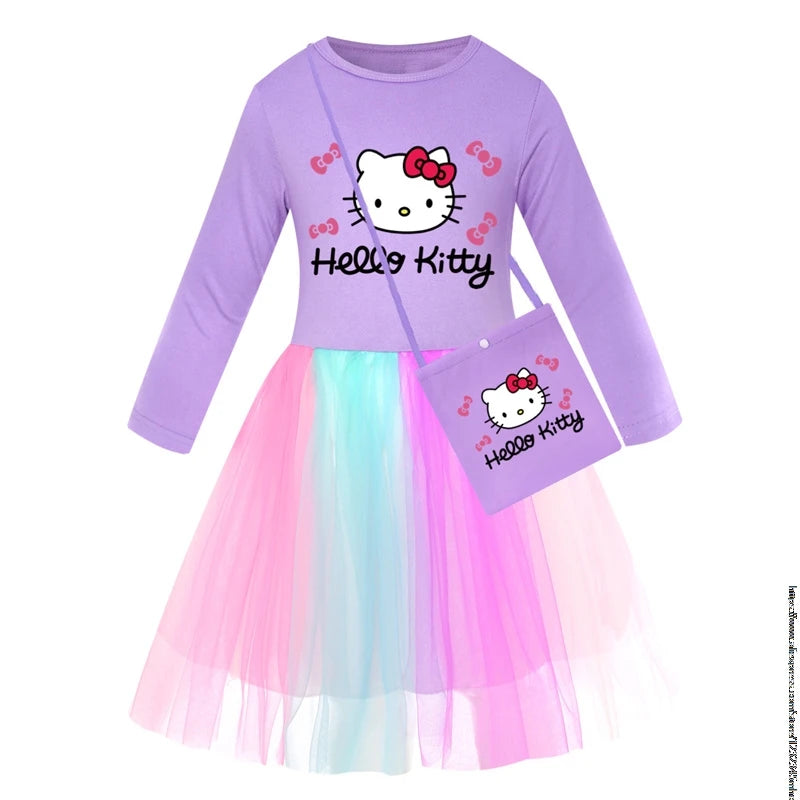 New Hello Kitty Kids Clothes Long Slevess Dresses Cotton Rainbow Full Dress Teen Cartoon Girl Clothing Party Clothes 2-7Years