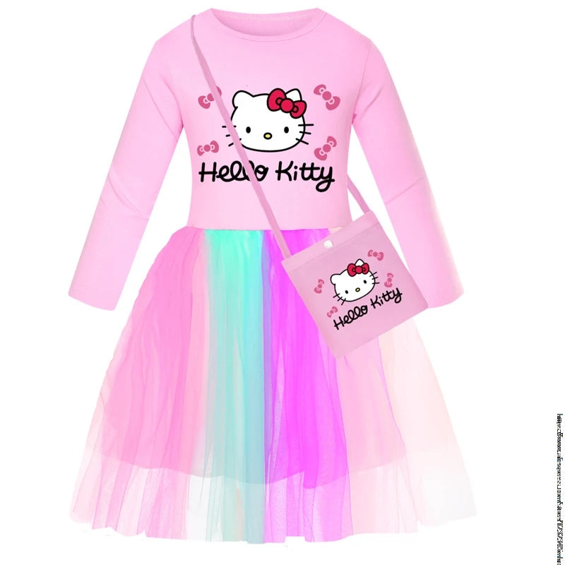 New Hello Kitty Kids Clothes Long Slevess Dresses Cotton Rainbow Full Dress Teen Cartoon Girl Clothing Party Clothes 2-7Years